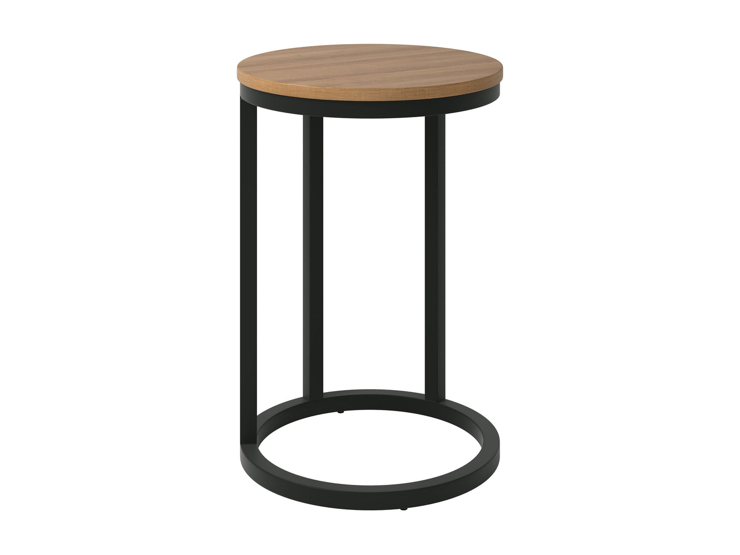 Round side table in brown wood with sleek black metal legs, ideal for modern living rooms.