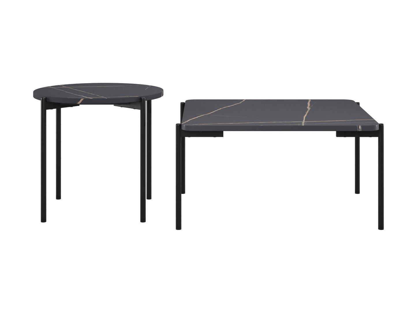 Black marble coffee table set with sleek gold metal legs and modern minimalist design.