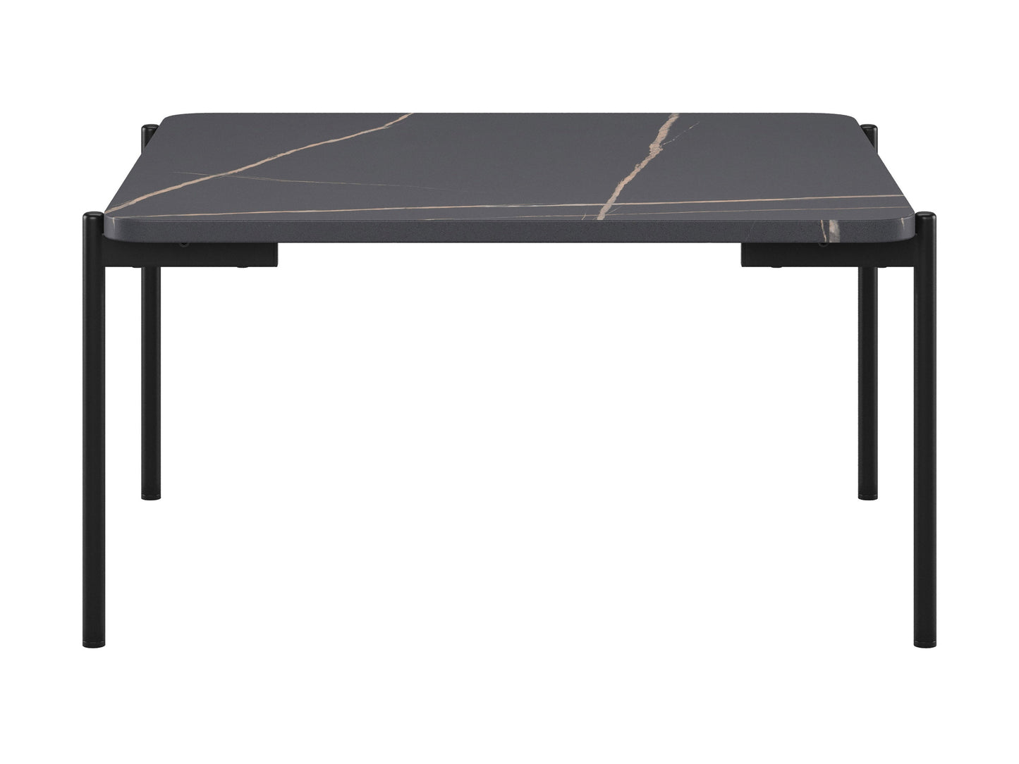 Black marble coffee table set with gold metal legs, sleek design, and modern aesthetic.
