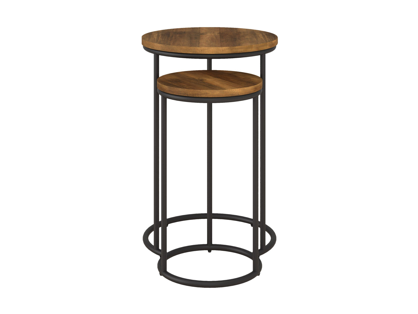 Brown wood round nesting side tables with sleek design and sturdy black metal legs.
