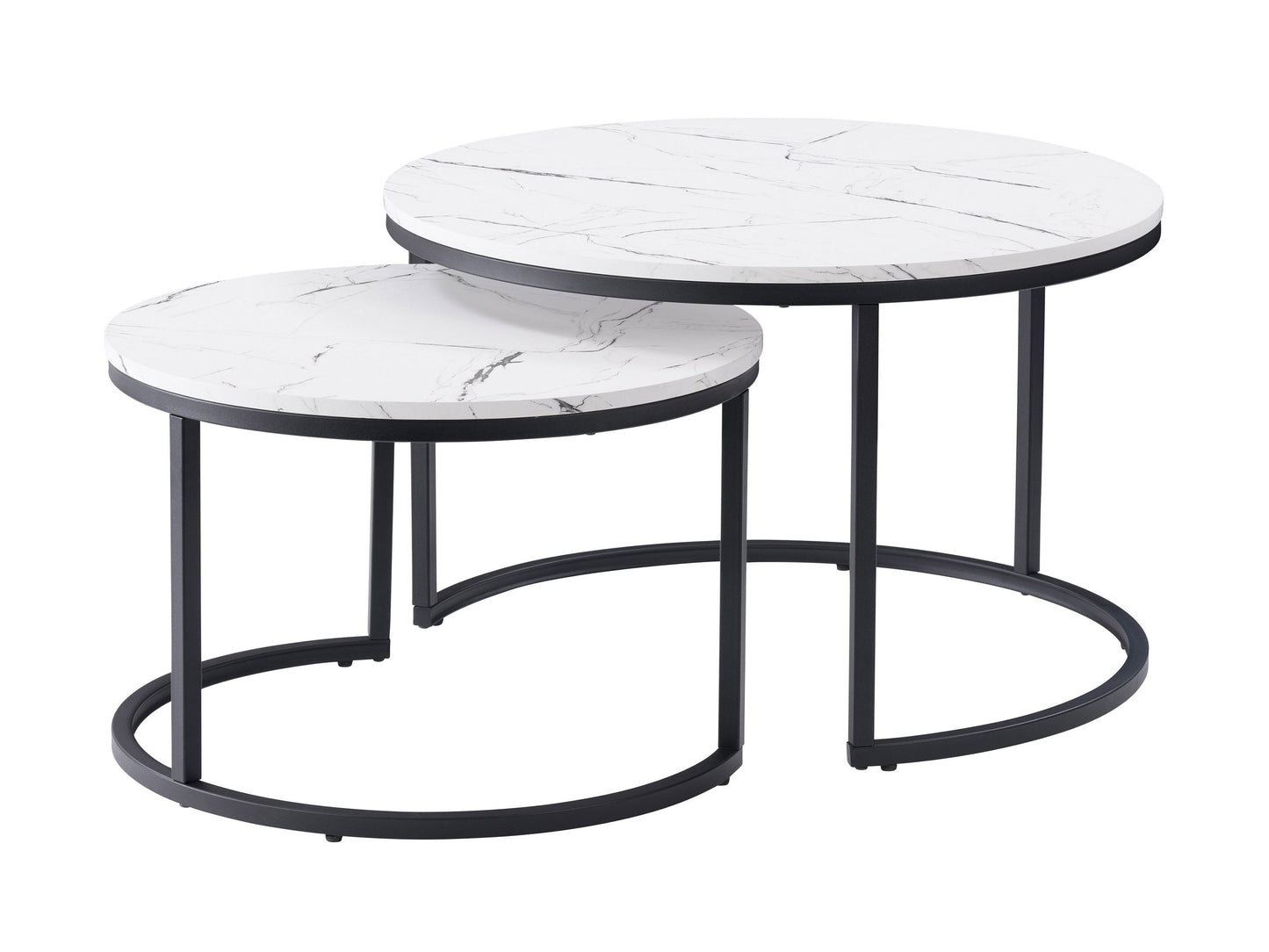 Round nesting coffee tables with white marble tops and gold metal frames, modern and elegant design.