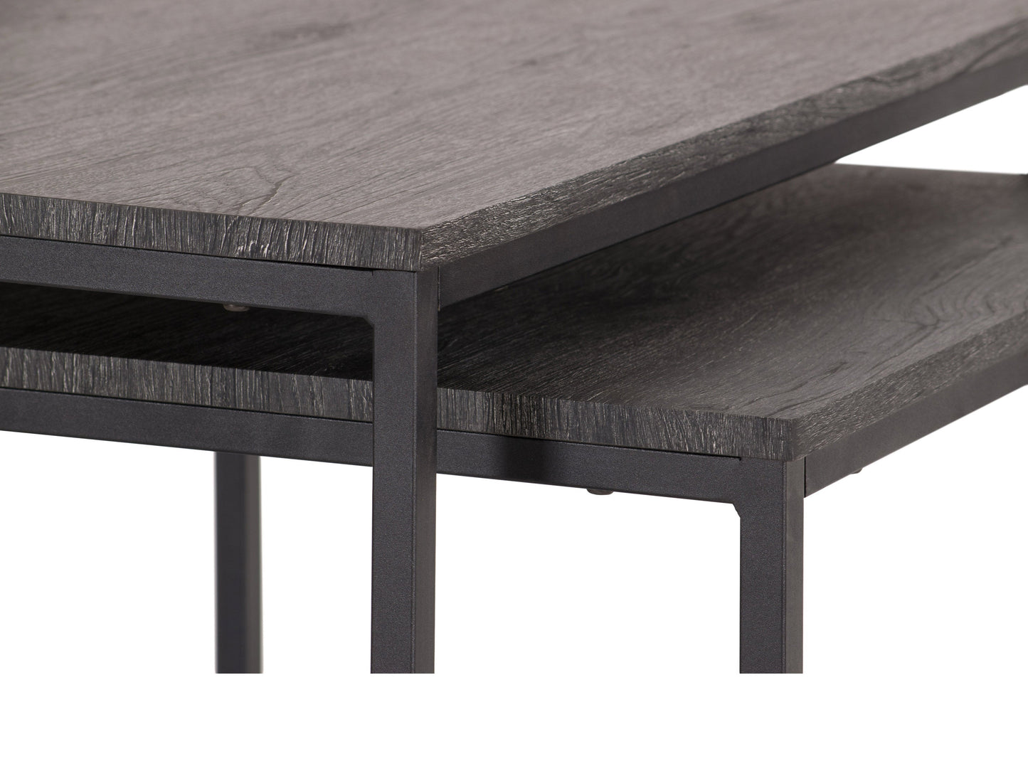 Grey wood square nesting coffee tables with sleek metal legs and minimalist design.