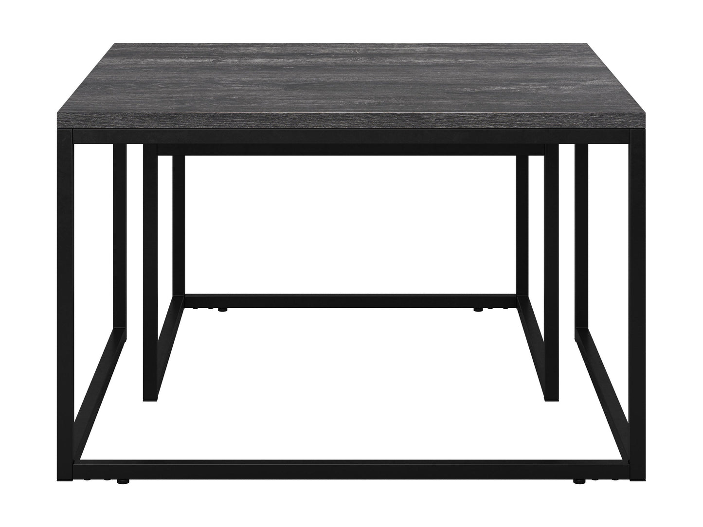 Grey wood square nesting coffee tables with black metal frame, modern minimalist design, and space-saving functionality.