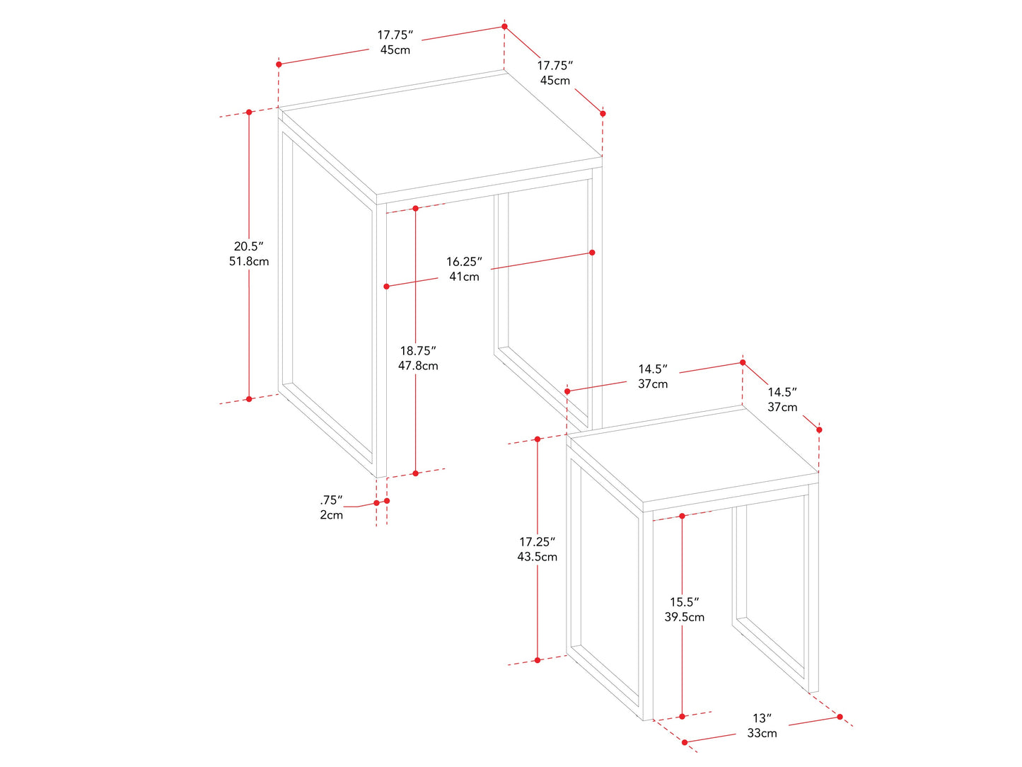 Brown wood square nesting side tables with black metal legs and minimalist design.