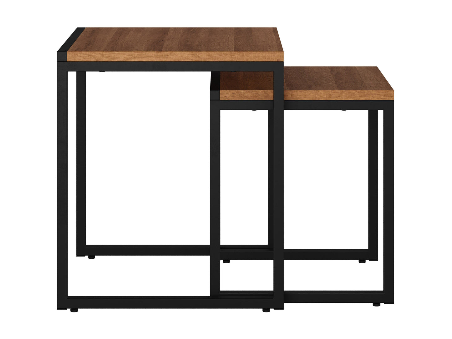 Brown wood square nesting side tables with sleek black metal legs, contemporary design, and space-saving functionality.