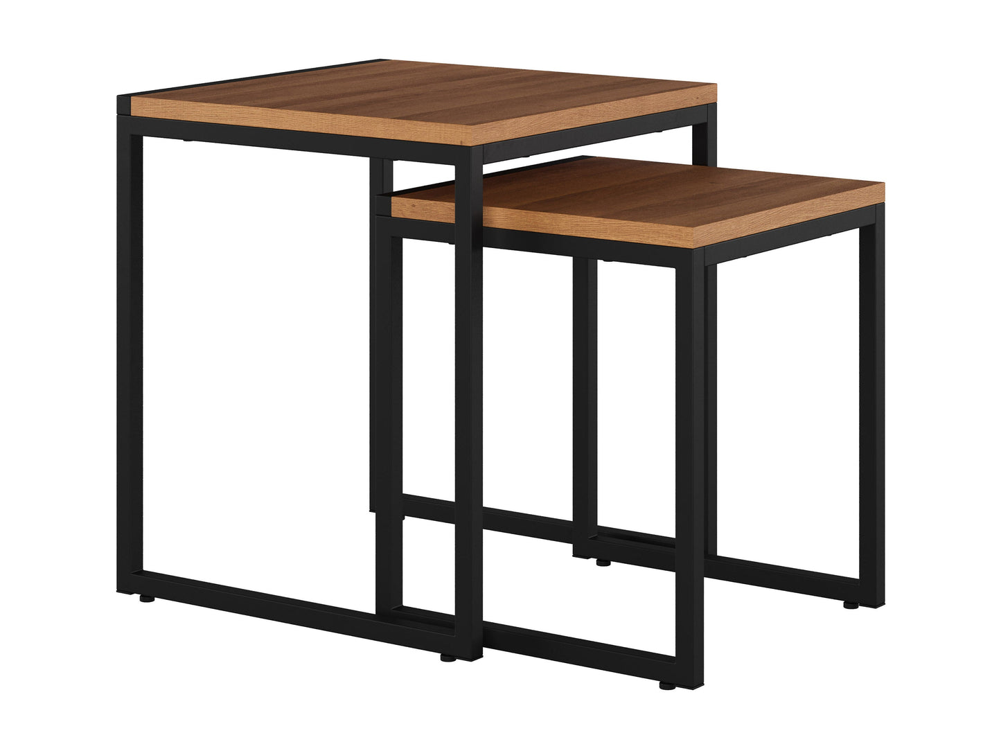 Brown wood square nesting side tables with metal frame, modern design, and versatile functionality.