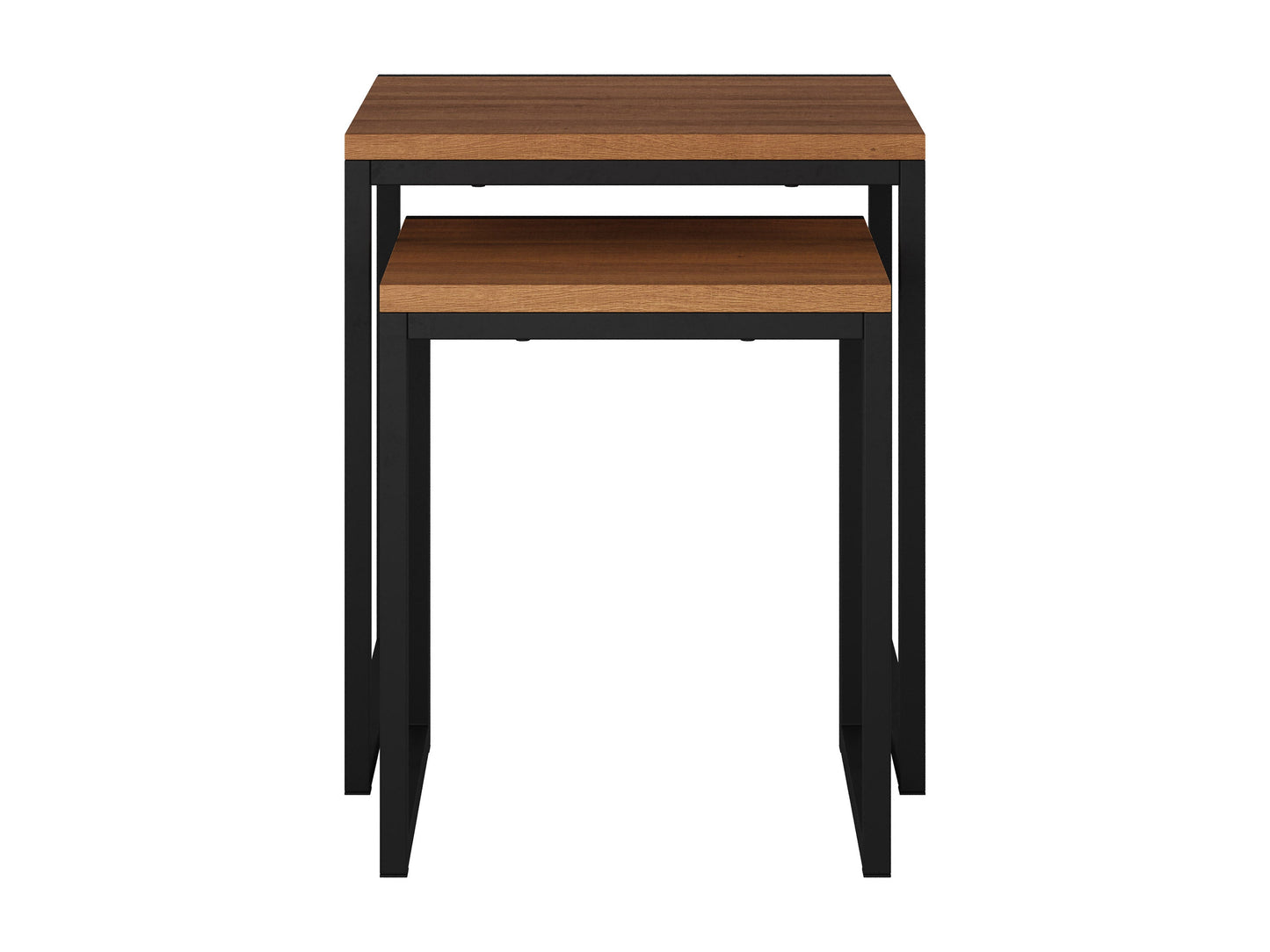 Brown wood square nesting side tables with metal legs, versatile modern design, perfect for living room or bedroom.