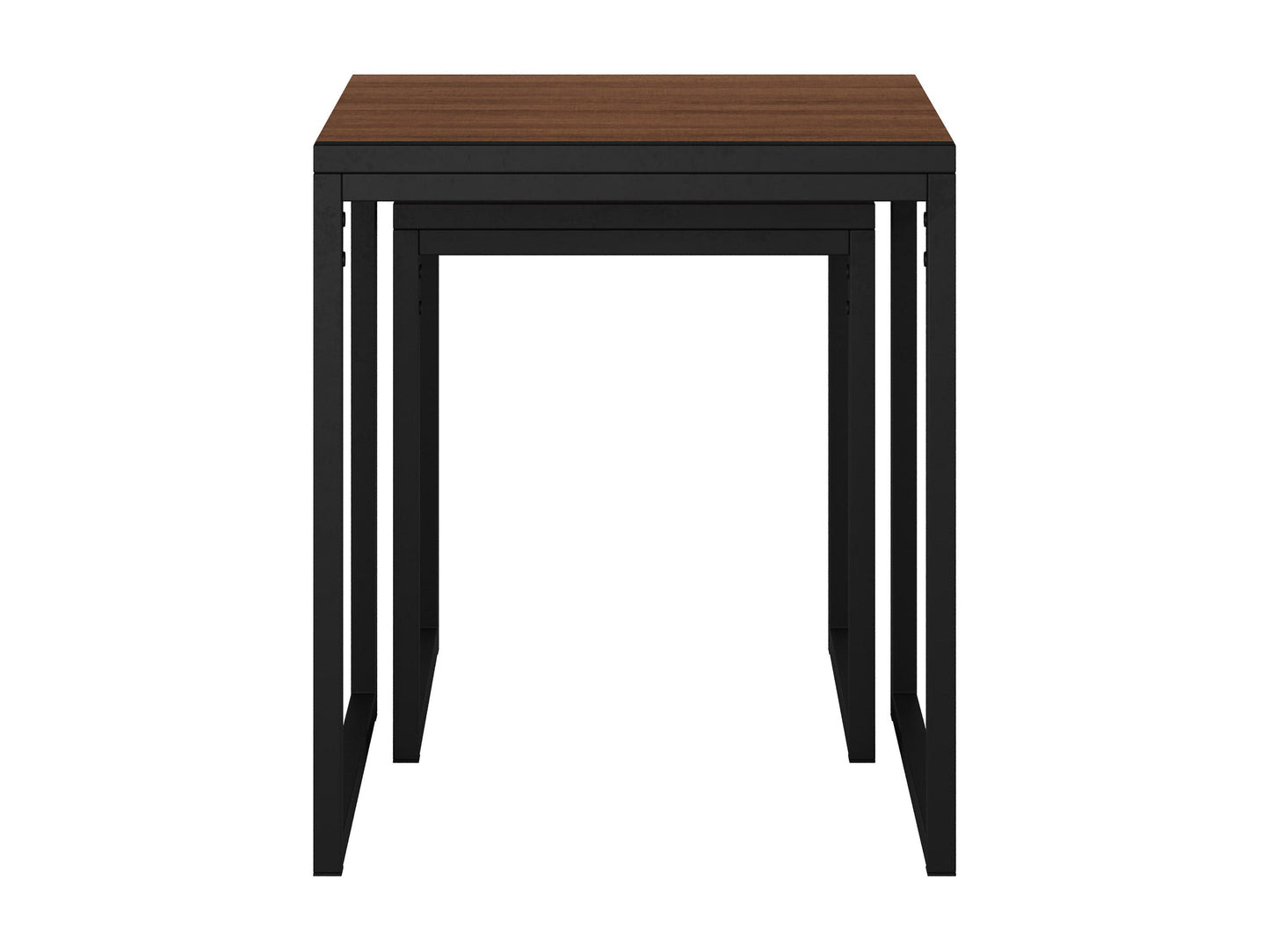 Brown wood square nesting side tables with black metal legs, modern minimalist design, perfect for living room or bedroom.