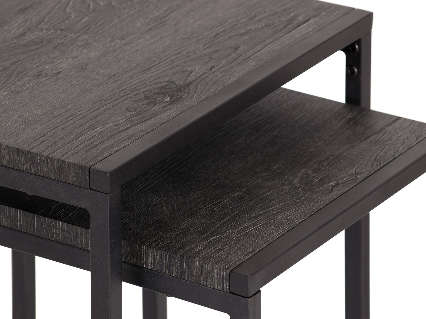 Grey wood square nesting side tables with black metal legs and minimalist design.