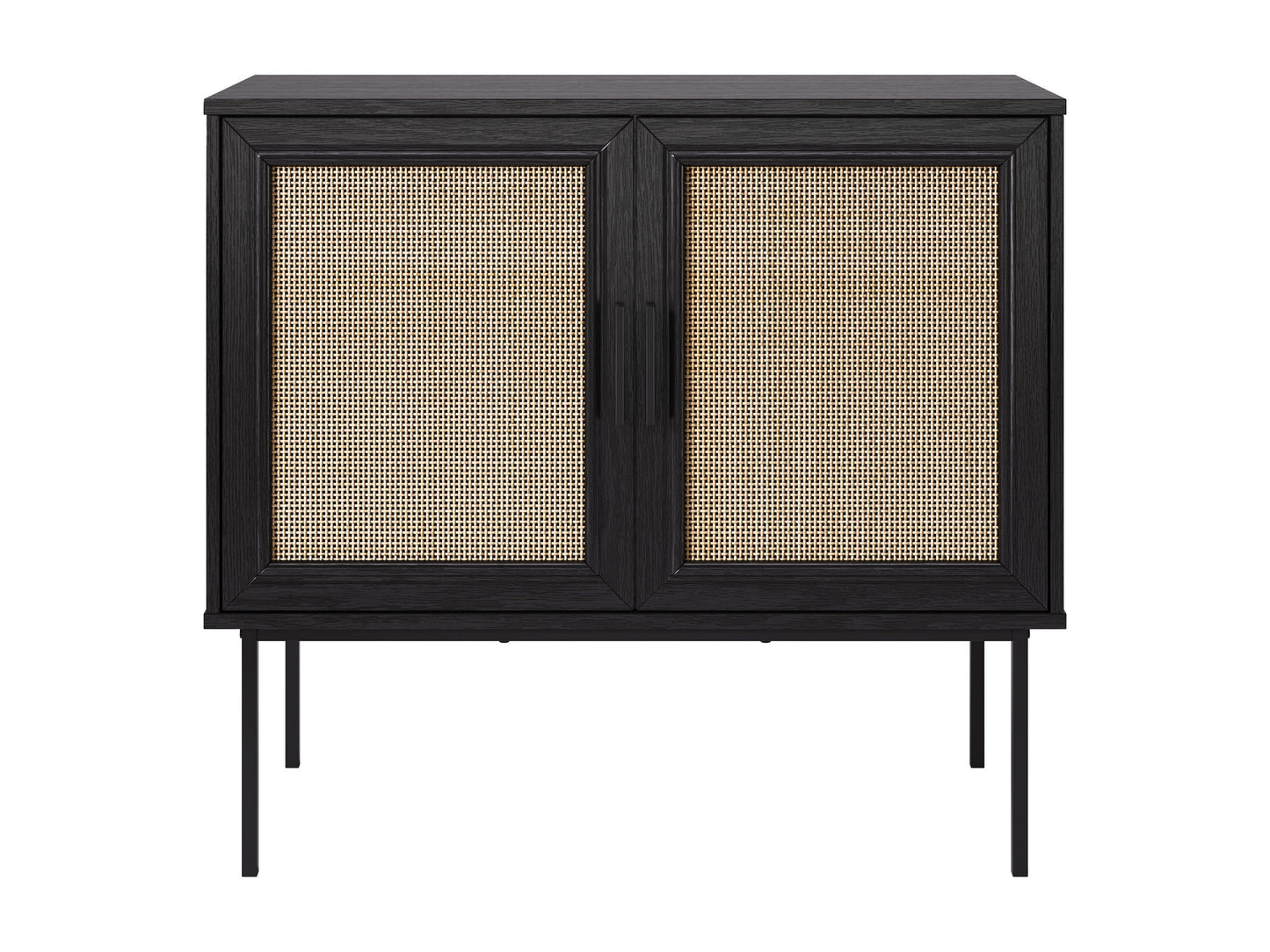 Black accent dining cabinet with sleek design, featuring gold handles and ample storage space.
