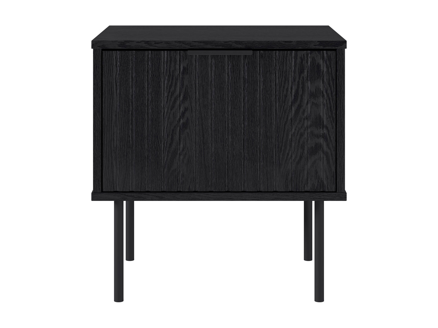 Black fluted side table with round top, textured finish, and sleek modern design.