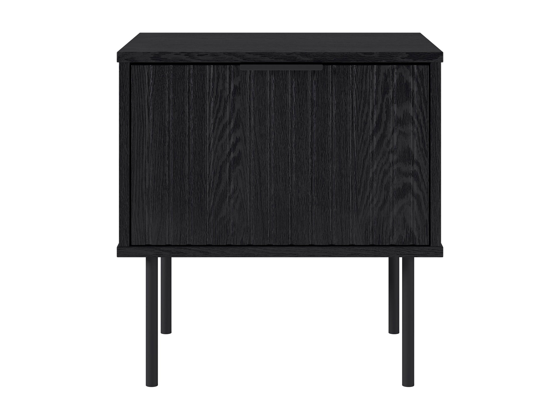 Black fluted side table with round top, textured finish, and sleek modern design.
