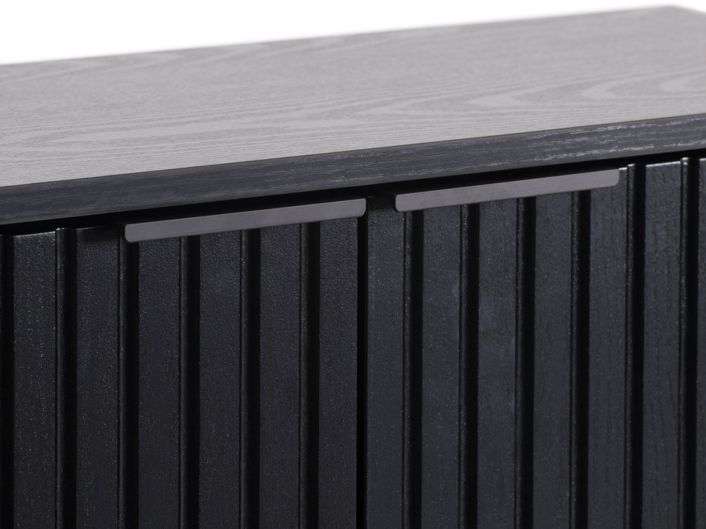 Elegant bar cabinet with dark wood finish, glass doors, and sleek metal handles for dining room storage.