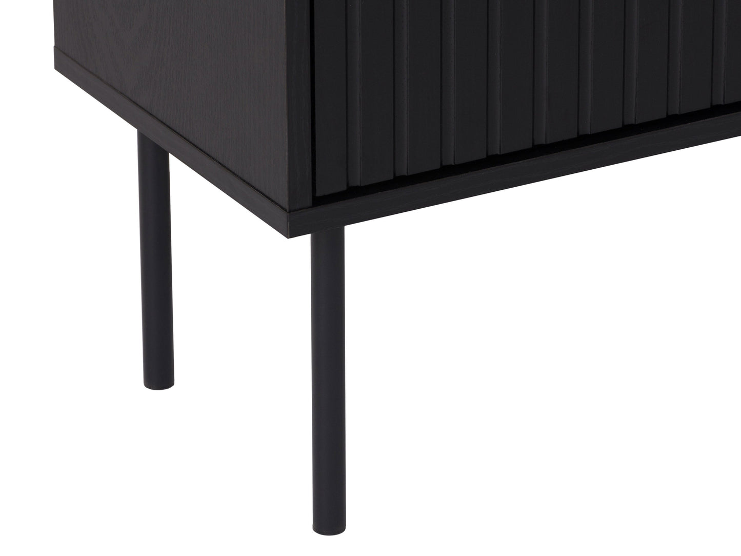 Dark wood bar cabinet with glass doors, adjustable shelves, and sleek metal handles for modern dining room storage.