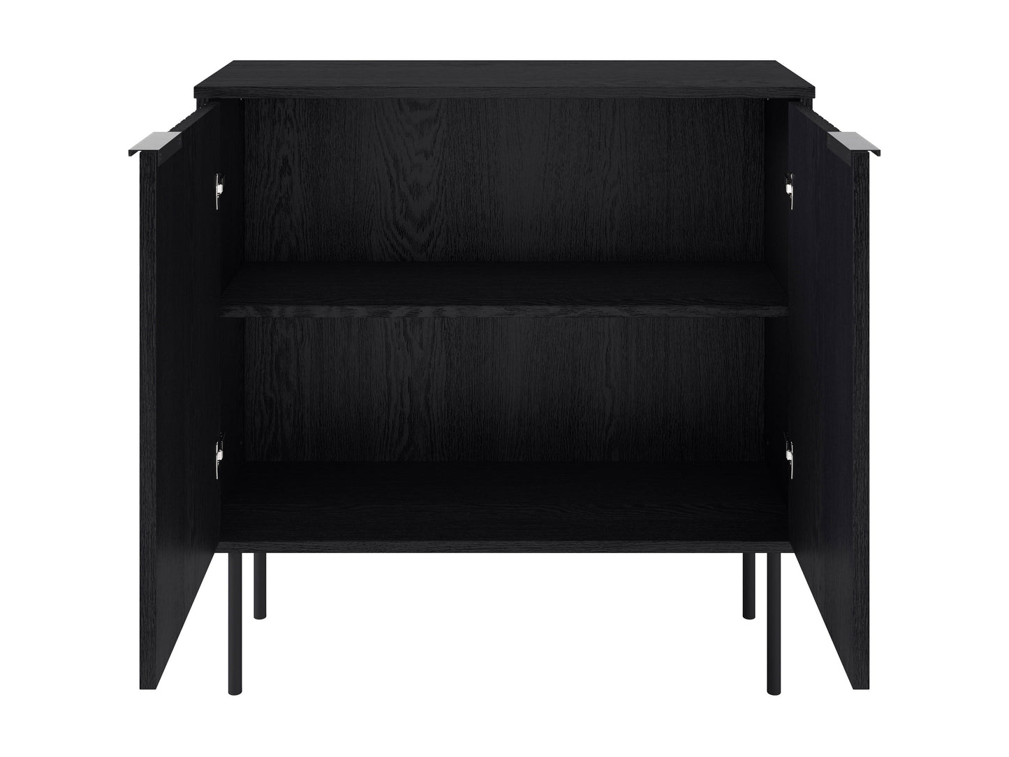 Contemporary bar cabinet with dark wood finish, sleek black metal frame, and spacious storage shelves.