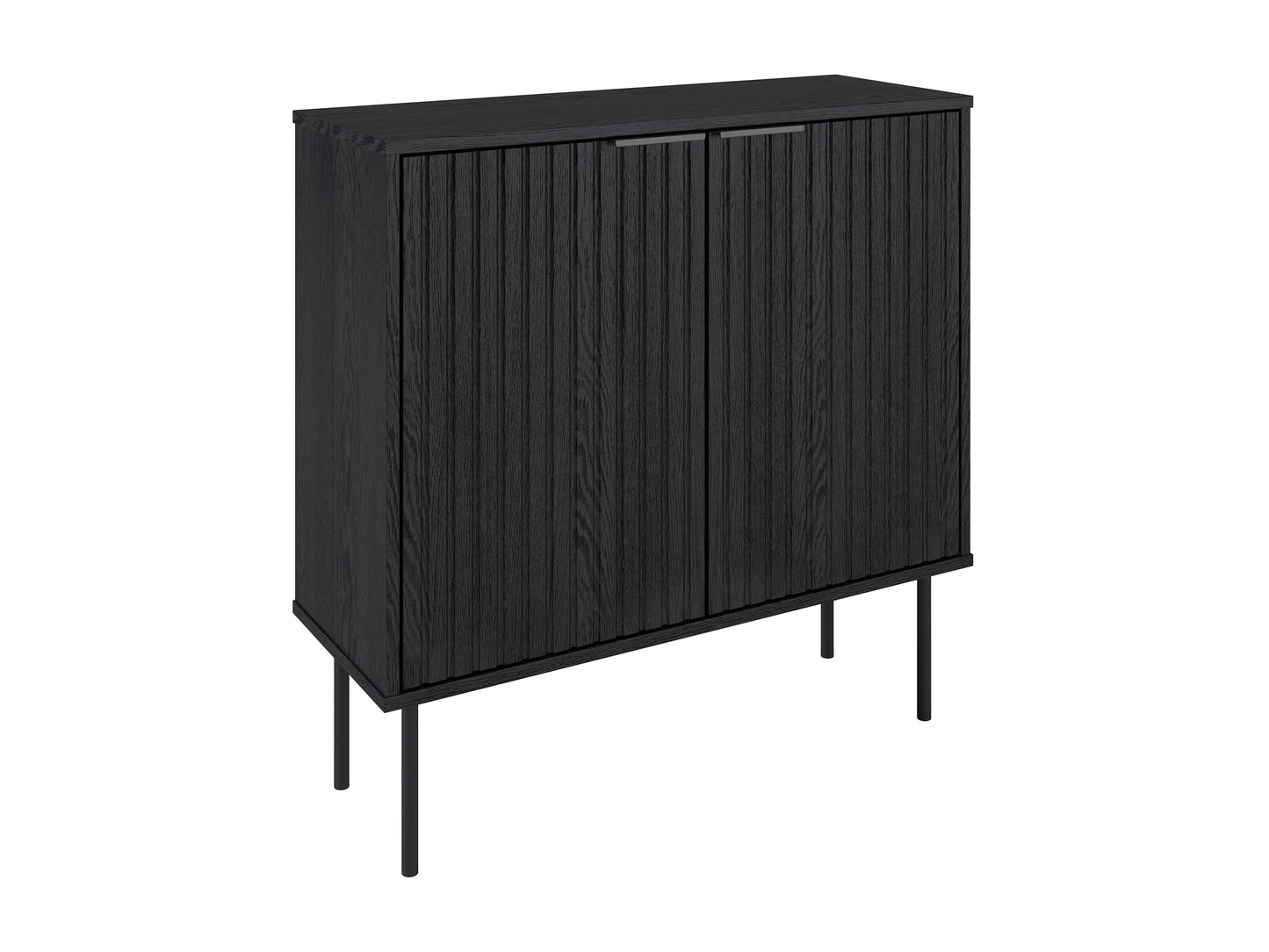 Elegant wooden bar cabinet with black metal frame, glass doors, and spacious shelving for dining room storage.