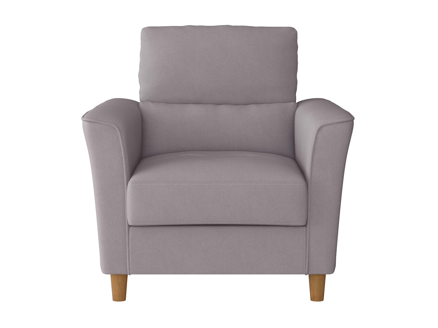 Gray fabric armchair with wooden legs, featuring a tufted backrest and cushioned seat, perfect for modern living rooms or office spaces.