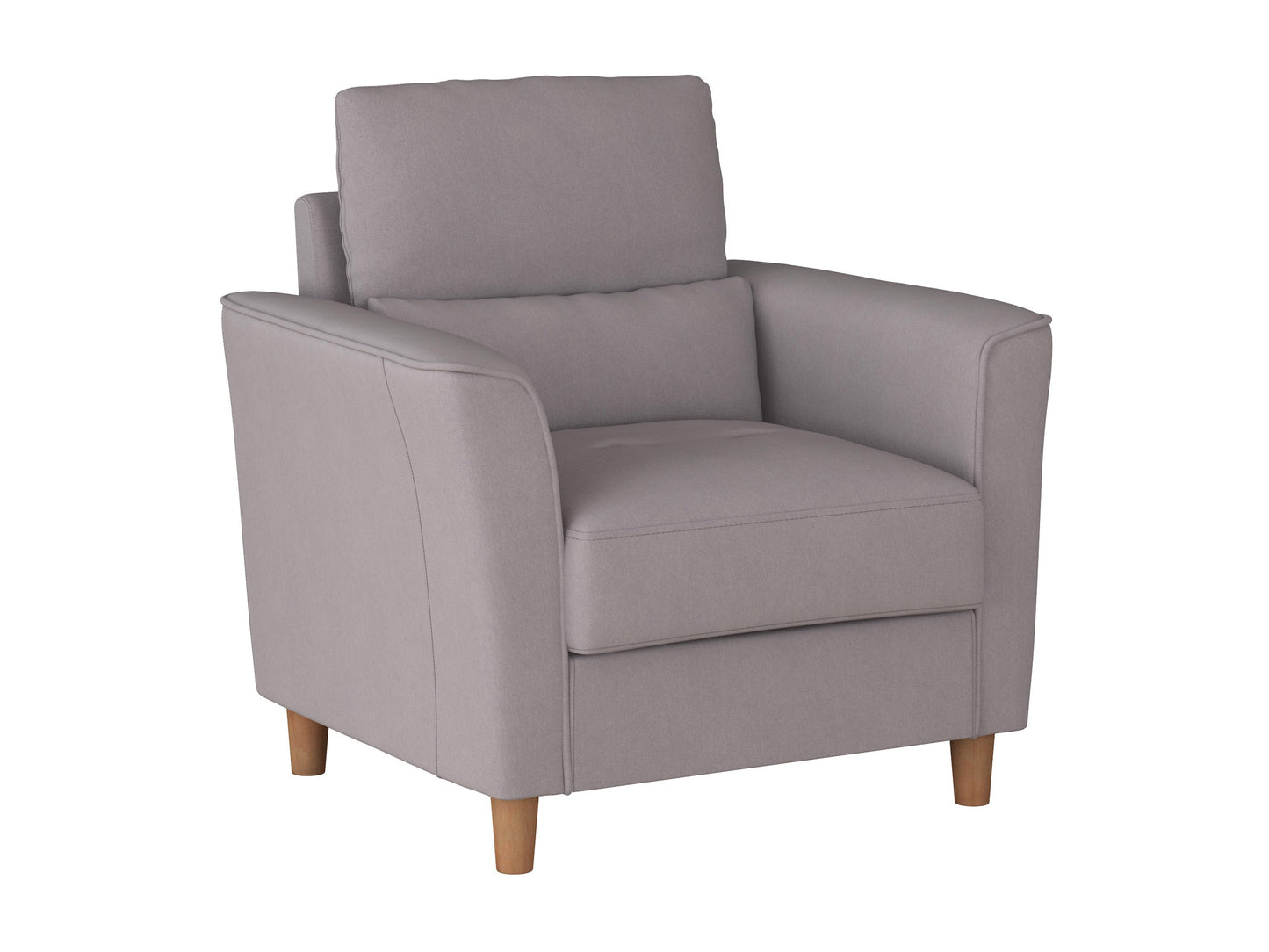 Modern gray fabric armchair with wooden legs, featuring a sleek design and plush cushions, perfect for contemporary living rooms or offices.