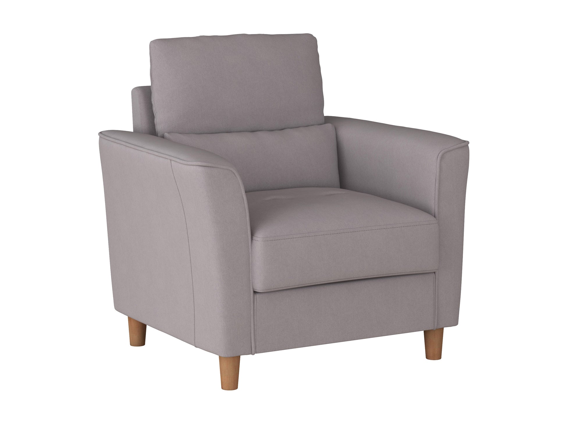 Modern gray fabric armchair with wooden legs, featuring a sleek design and plush cushions, perfect for contemporary living rooms or offices.