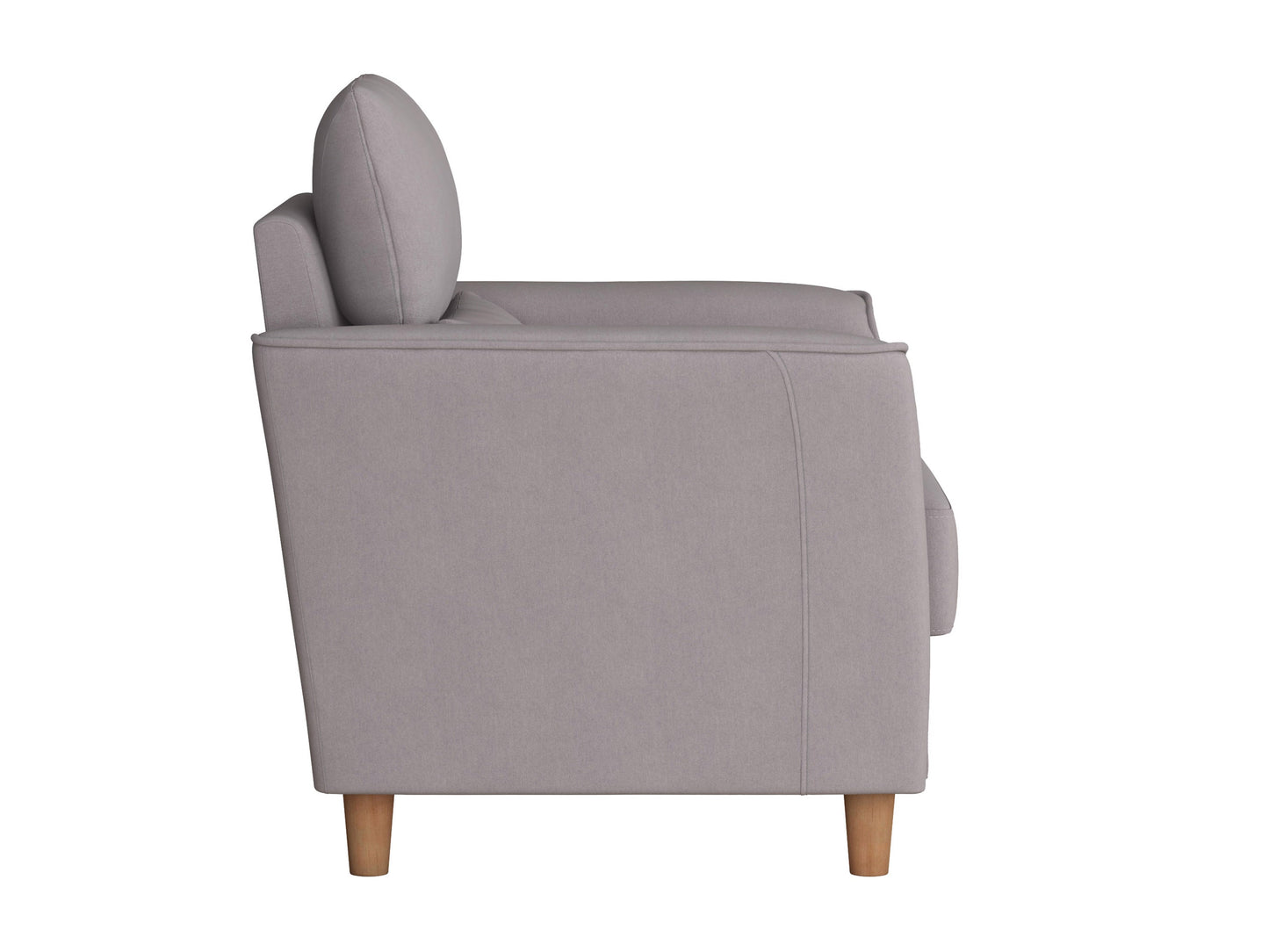 Modern arm chair with sleek wooden legs, upholstered in soft grey fabric, featuring a minimalist design and comfortable armrests, perfect for contemporary living rooms or office spaces.