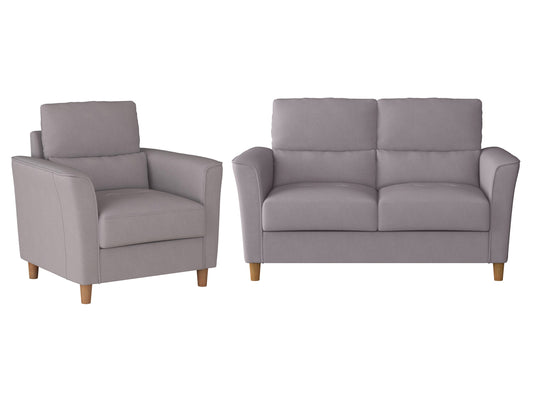 Modern 2-seater loveseat and chair set, grey fabric upholstery, wooden legs, tufted cushions, minimalist design.