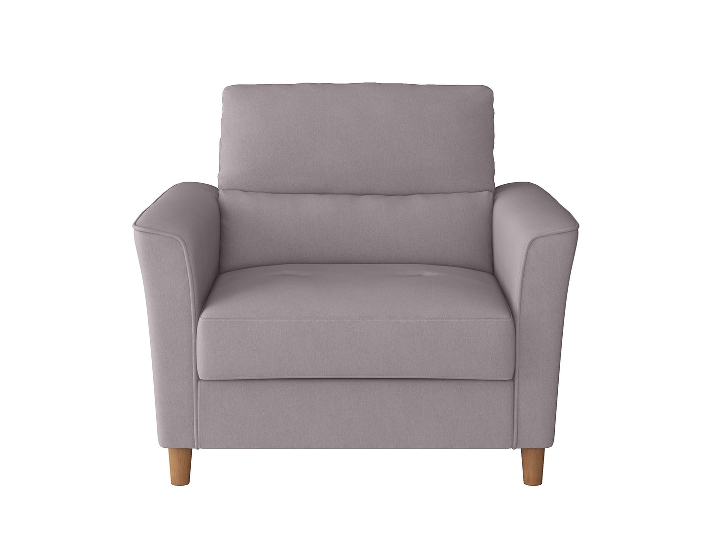 Light grey 3-seat sofa and chair set with wooden legs and tufted cushions, modern minimalist design.