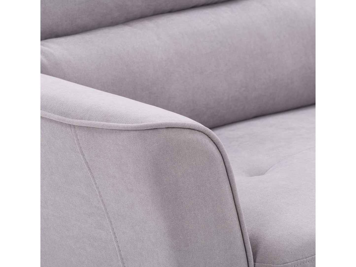 Light grey 3 seat sofa and chair set with tufted cushions and wooden legs, modern minimalist design.