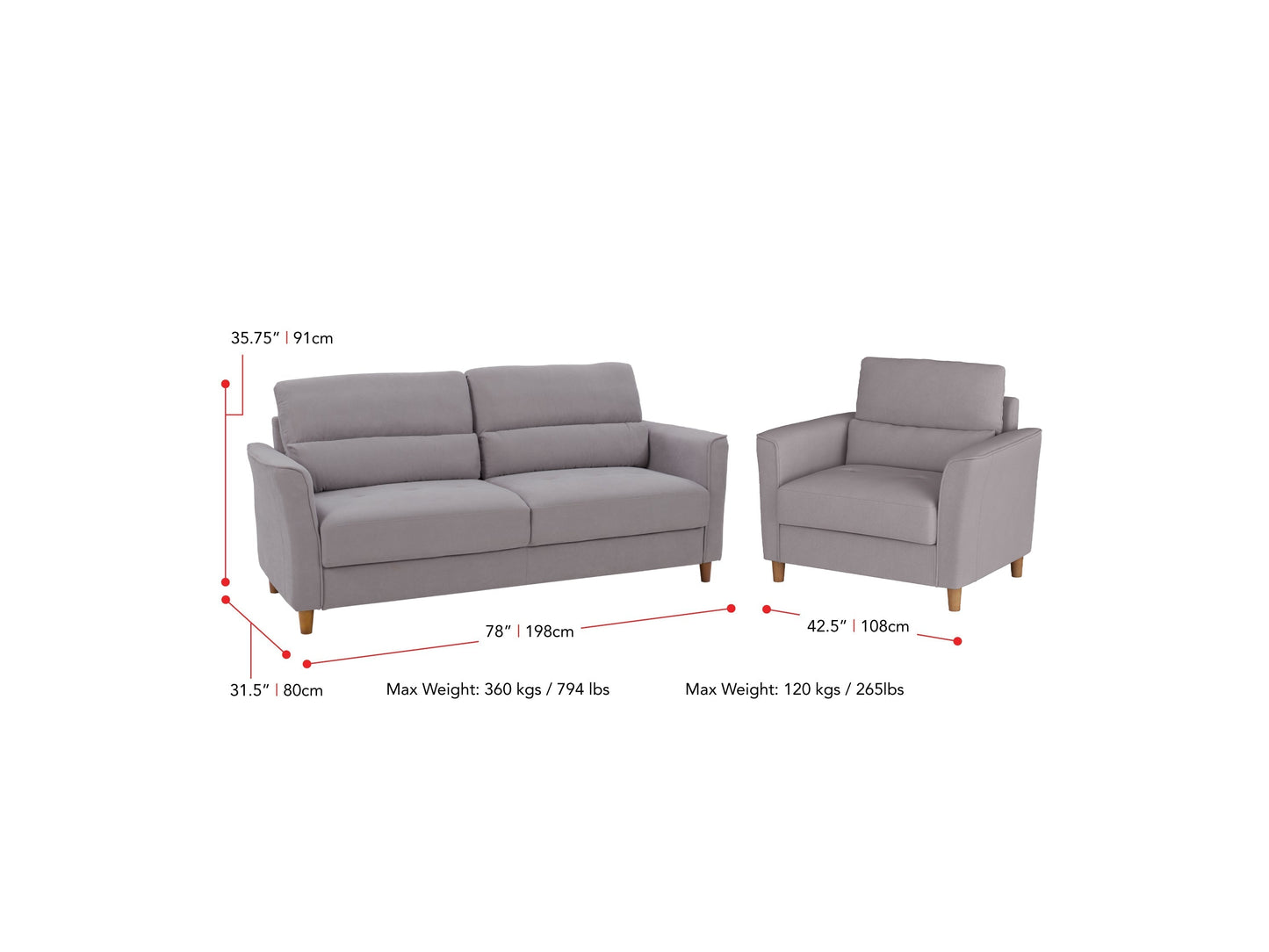 Light grey 3-seat sofa and chair set with wooden legs and tufted cushions, modern minimalist design.