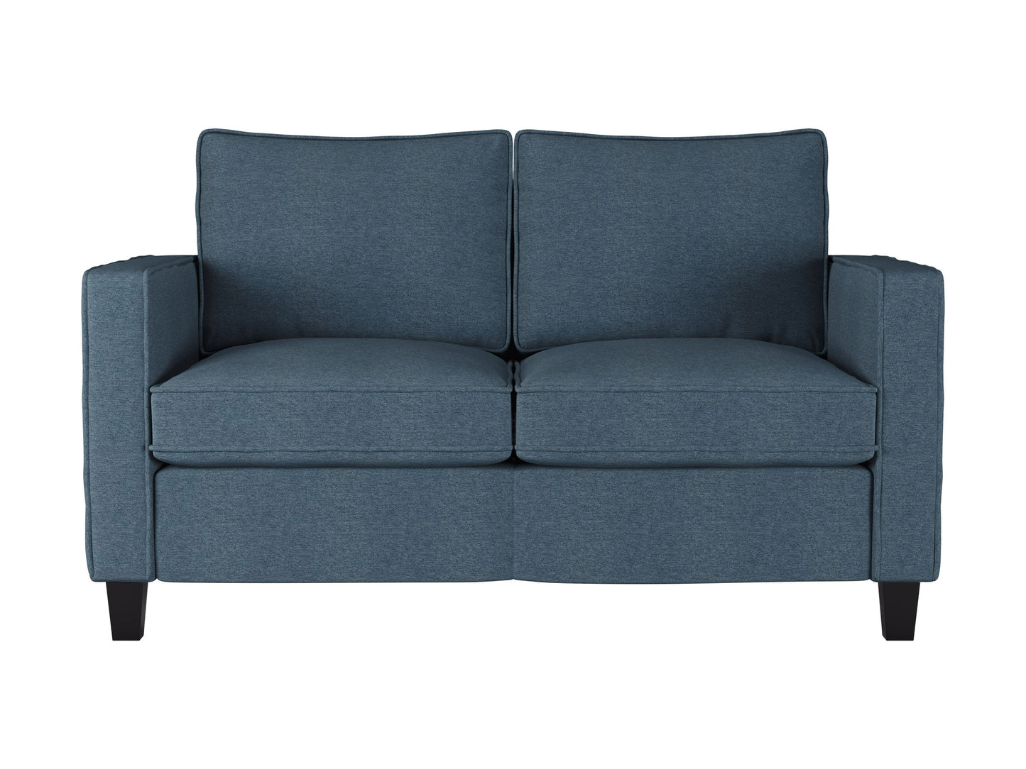 Blue 2 seater loveseat with tufted cushions, wooden legs, and modern design.
