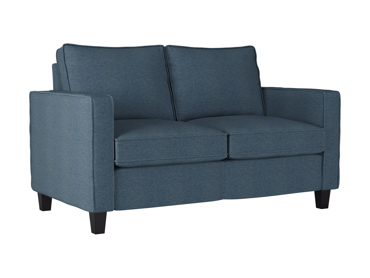 Blue 2 seater sofa loveseat with tufted cushions, wooden legs, and modern design.
