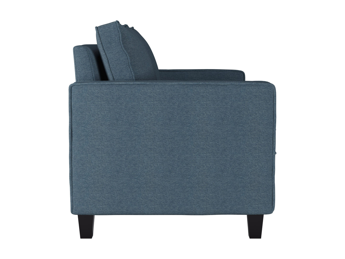 Blue 2-seater loveseat with tufted cushions, wooden legs, and a cozy fabric finish.