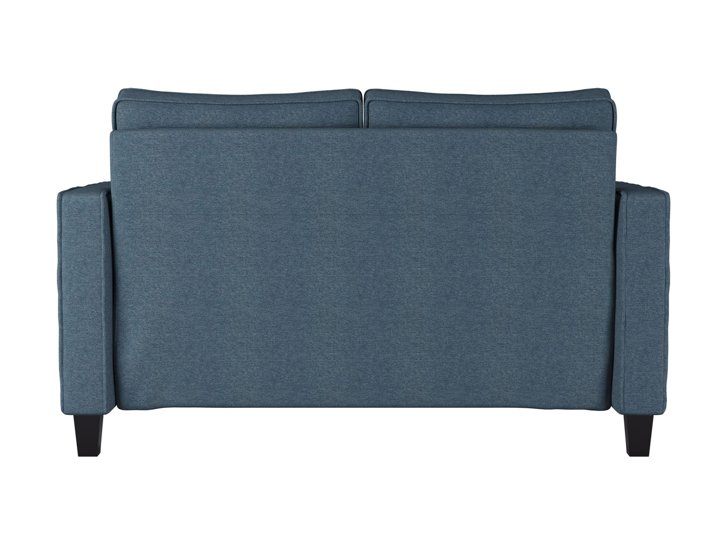 Blue 2 seater loveseat with tufted cushions, wooden legs, and modern design.