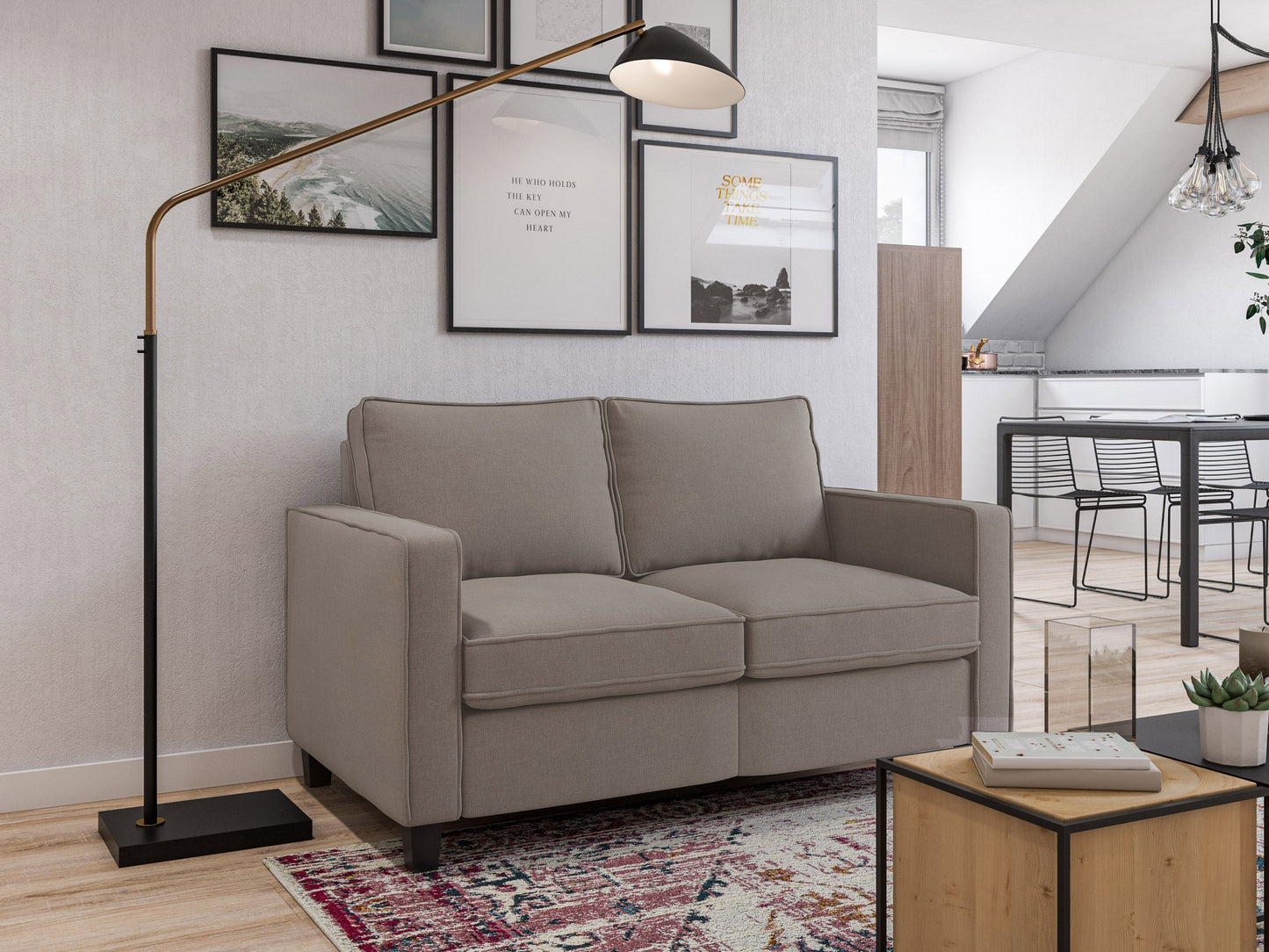 Taupe 2-seater loveseat with tufted cushions and wooden legs, perfect for modern living rooms.
