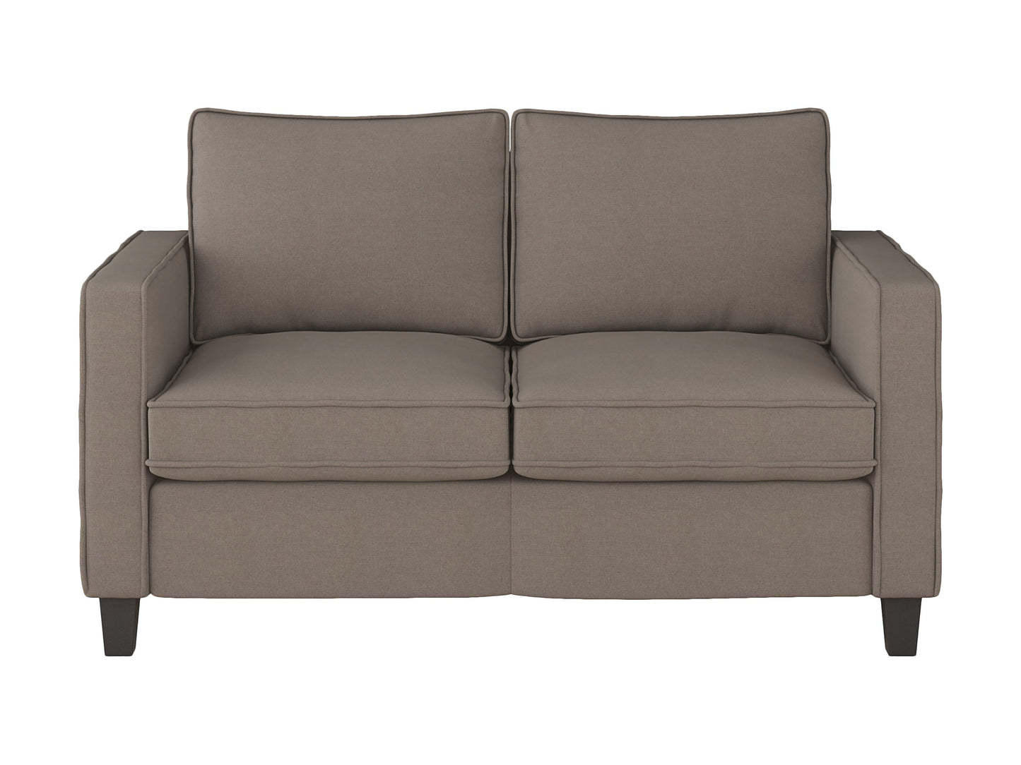 Taupe 2 seater loveseat with tufted cushions, wooden legs, and contemporary design.