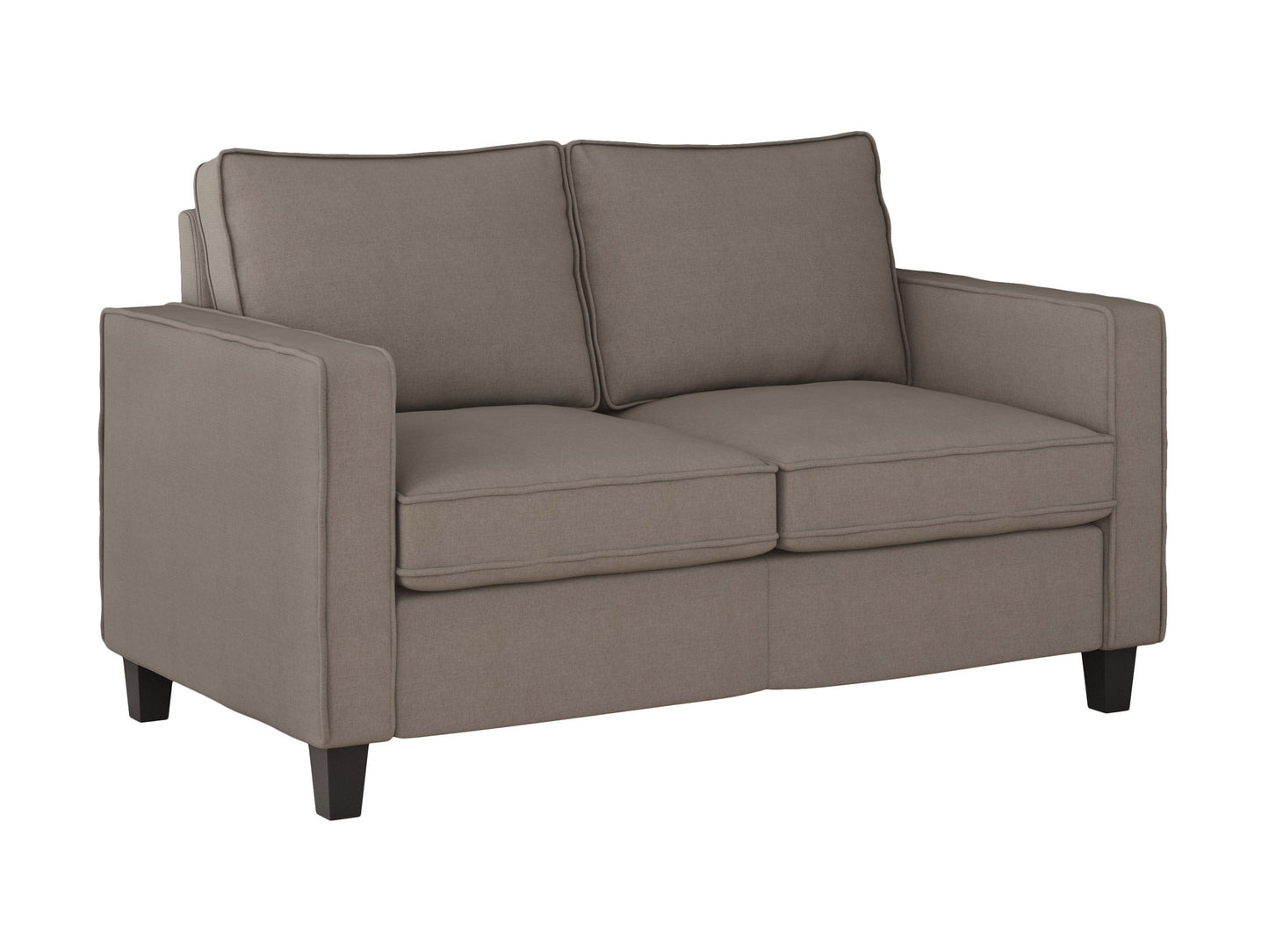 Taupe 2-seater loveseat with plush cushions, wooden legs, and modern design.