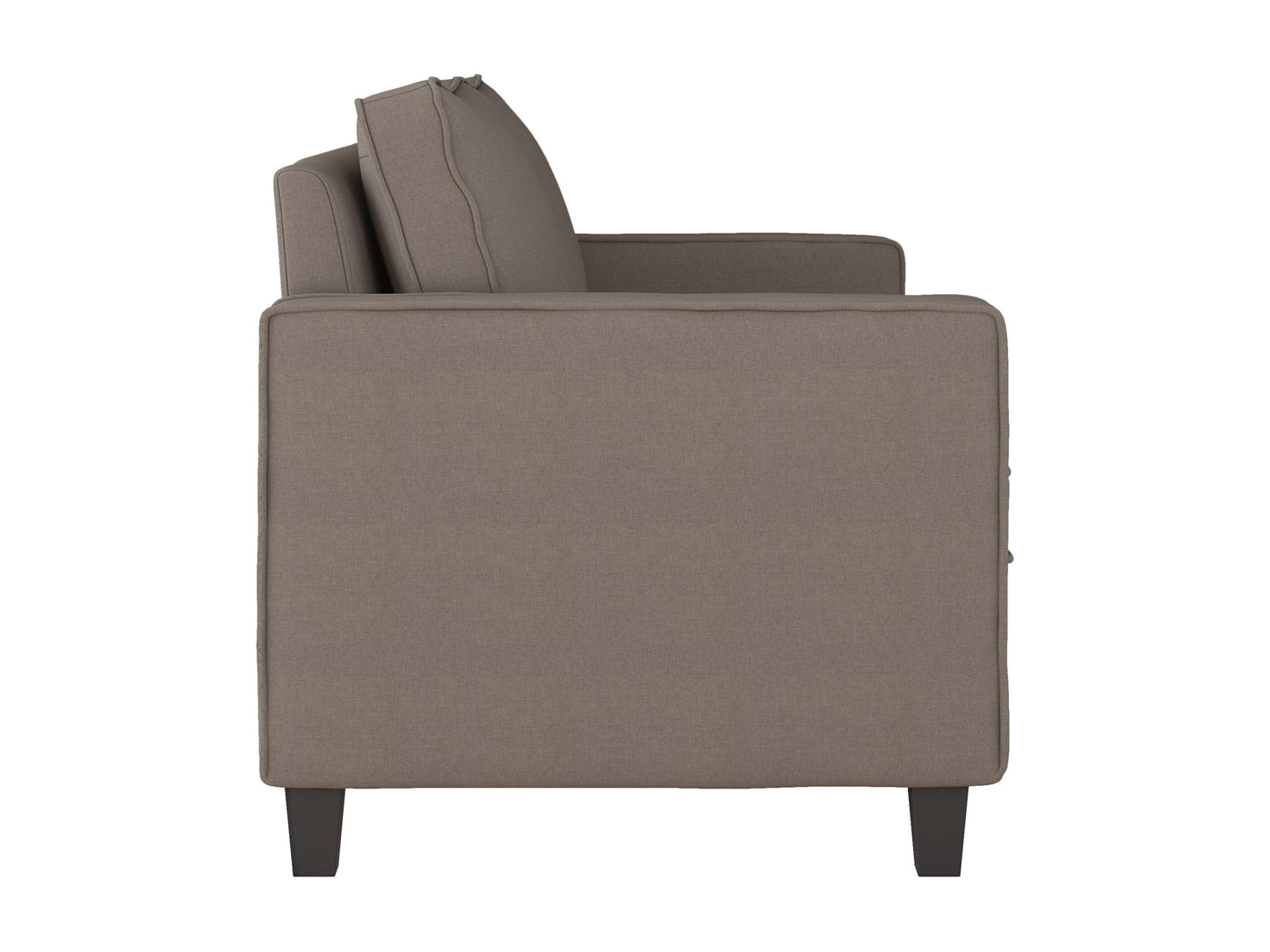 Taupe 2 seater loveseat, modern design, tufted fabric, wooden legs, compact and stylish seating.