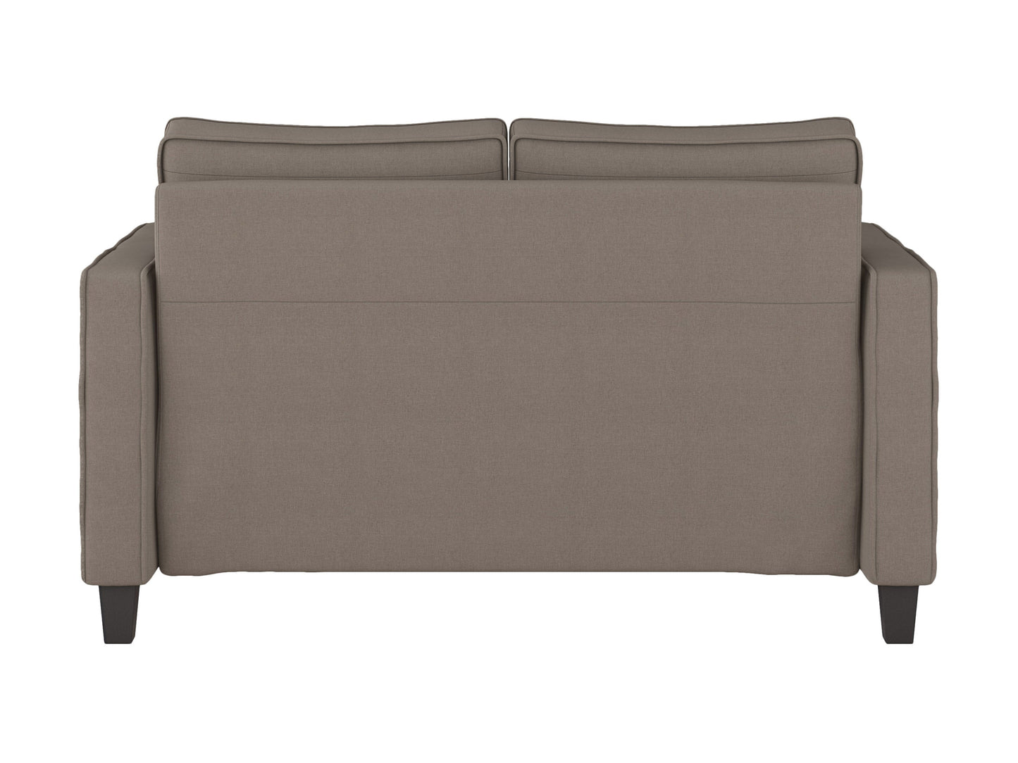 Taupe 2 seater loveseat with plush cushions, wooden legs, and a modern design.