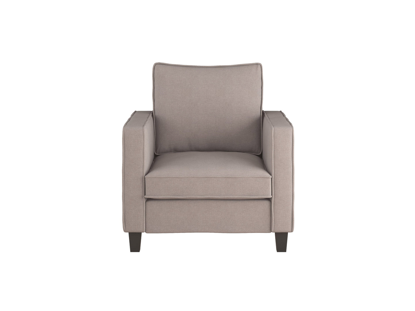 Taupe 2 seater loveseat with matching chair, fabric upholstery, wooden legs, and cozy design.