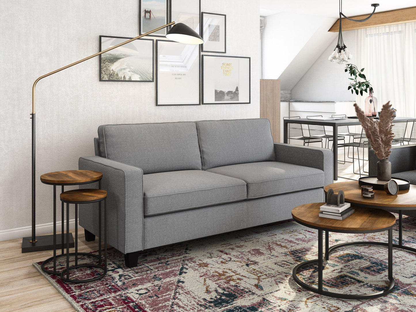 Light grey 3 seater sofa with tufted cushions, wooden legs, and modern minimalist design.