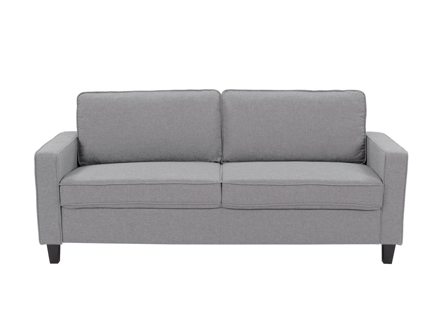 Light grey 3-seater sofa with tufted cushions and wooden legs, modern minimalist design, comfortable fabric upholstery.