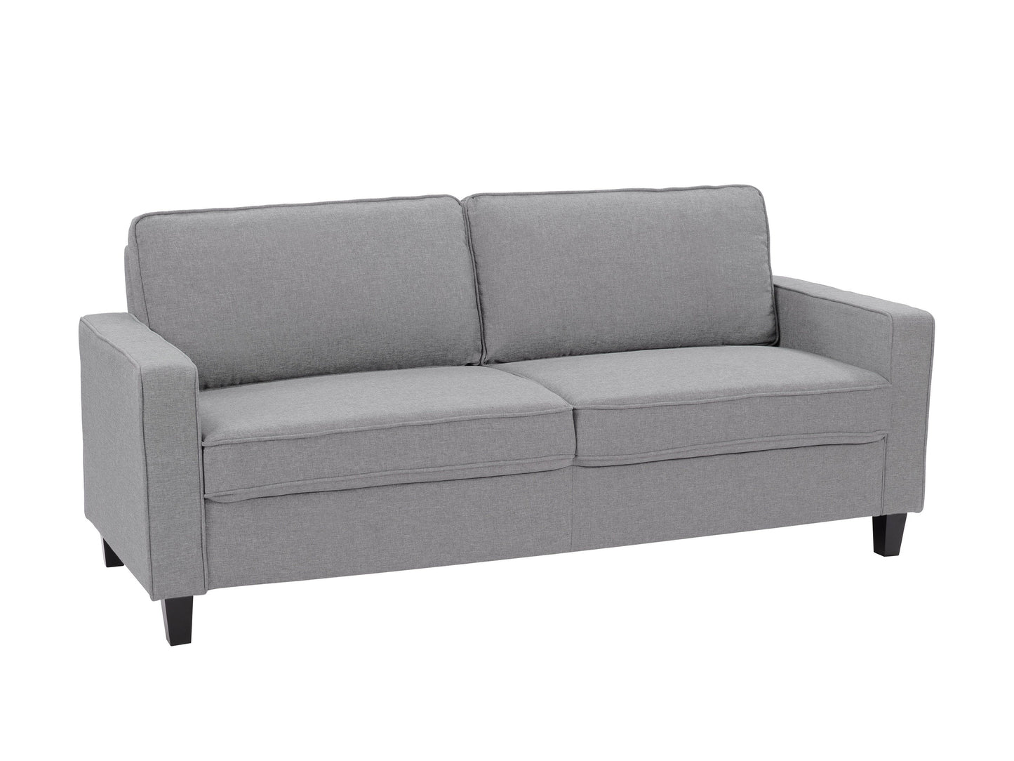 Light grey 3-seater sofa with tufted cushions, wooden legs, and modern minimalist design.