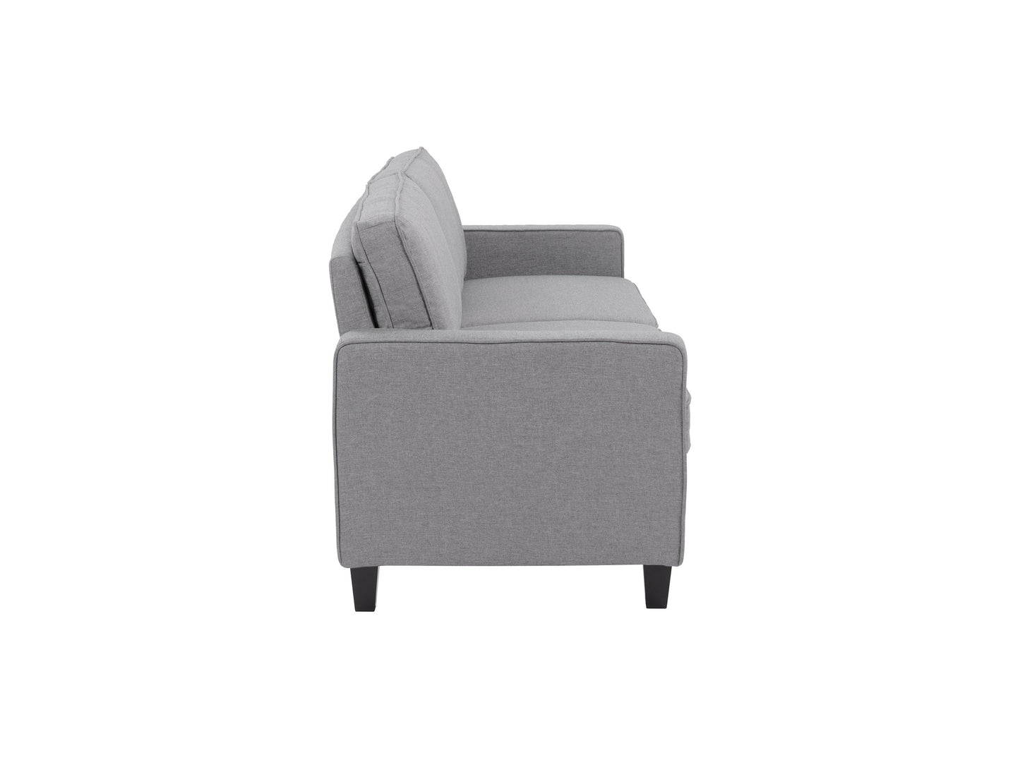 Light grey 3-seater sofa with tufted cushions, wooden legs, and minimalist design.
