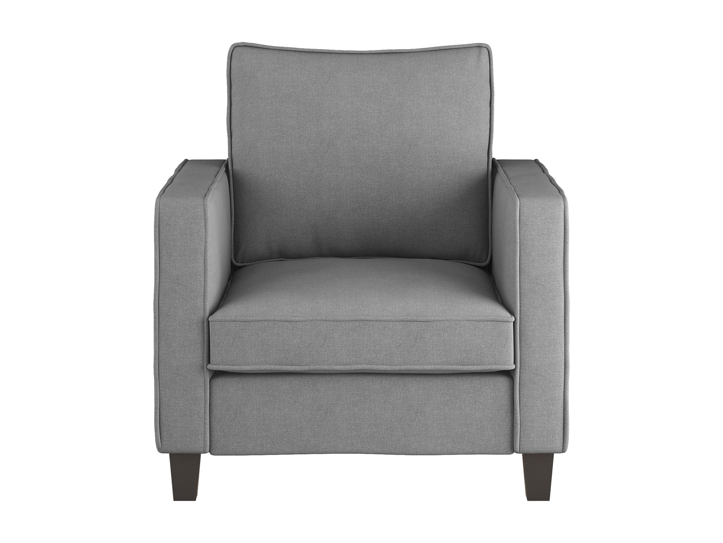 Light grey fabric arm chair with matching ottoman, wooden legs, and tufted cushions, perfect for modern living rooms.