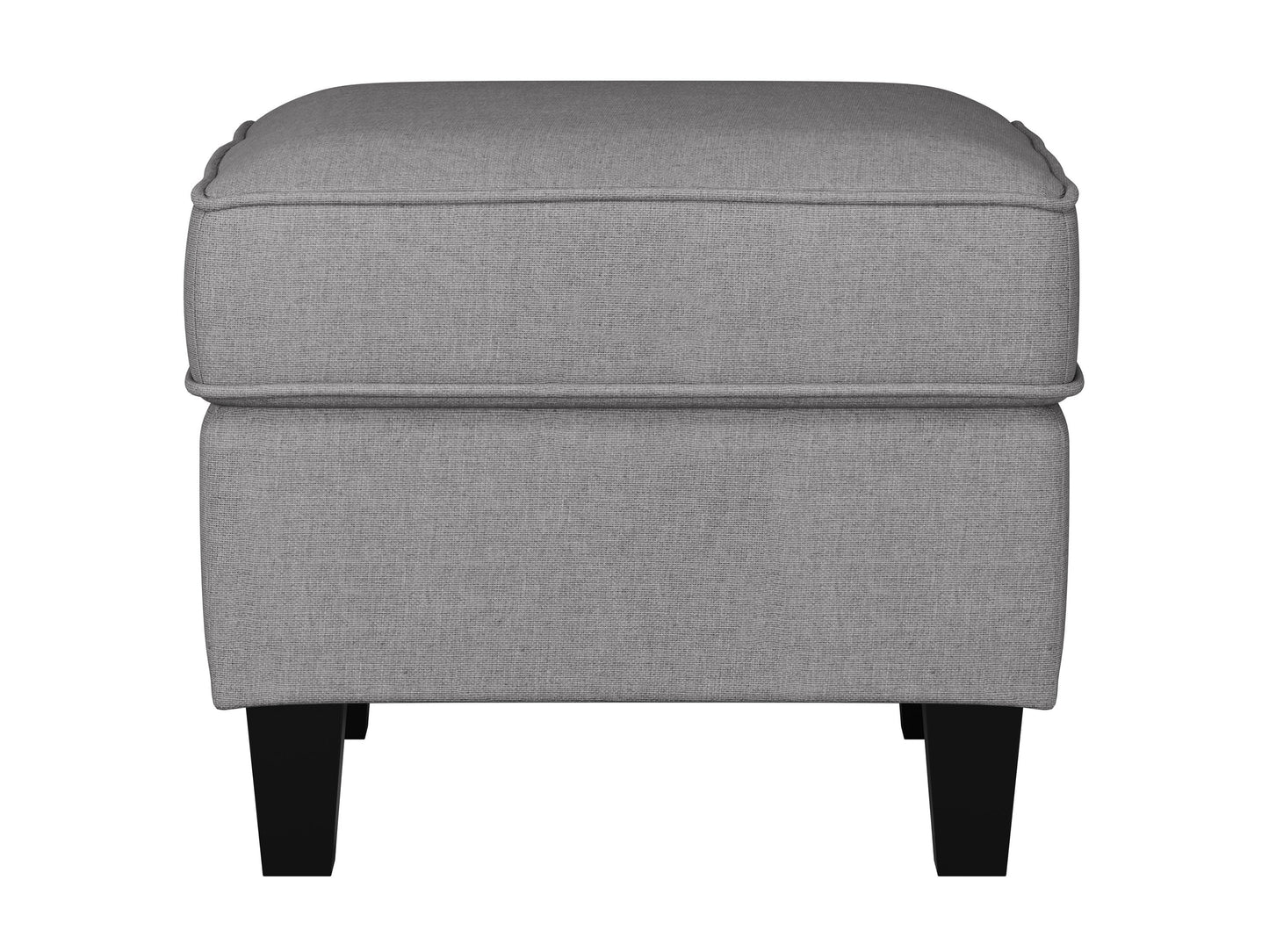 Light grey fabric armchair with ottoman, wooden legs, tufted cushions, and modern design.
