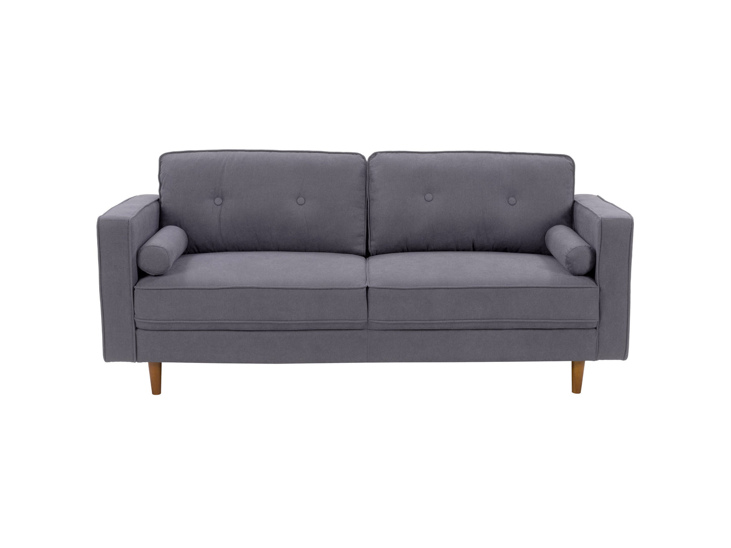 Grey fabric sofa and chair set with wooden legs, tufted cushions, and contemporary design.
