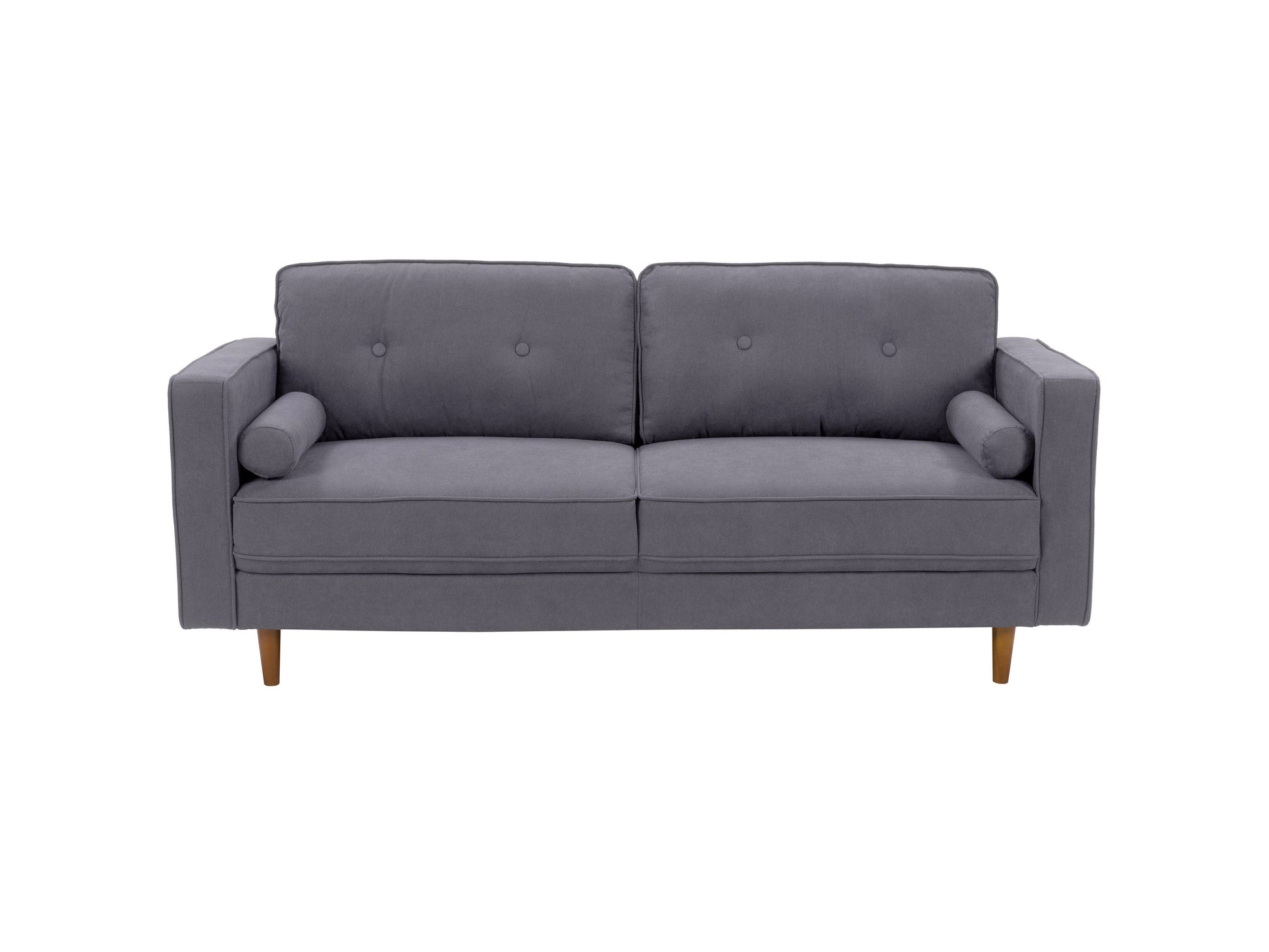 Grey fabric sofa and chair set with wooden legs, tufted cushions, and contemporary design.