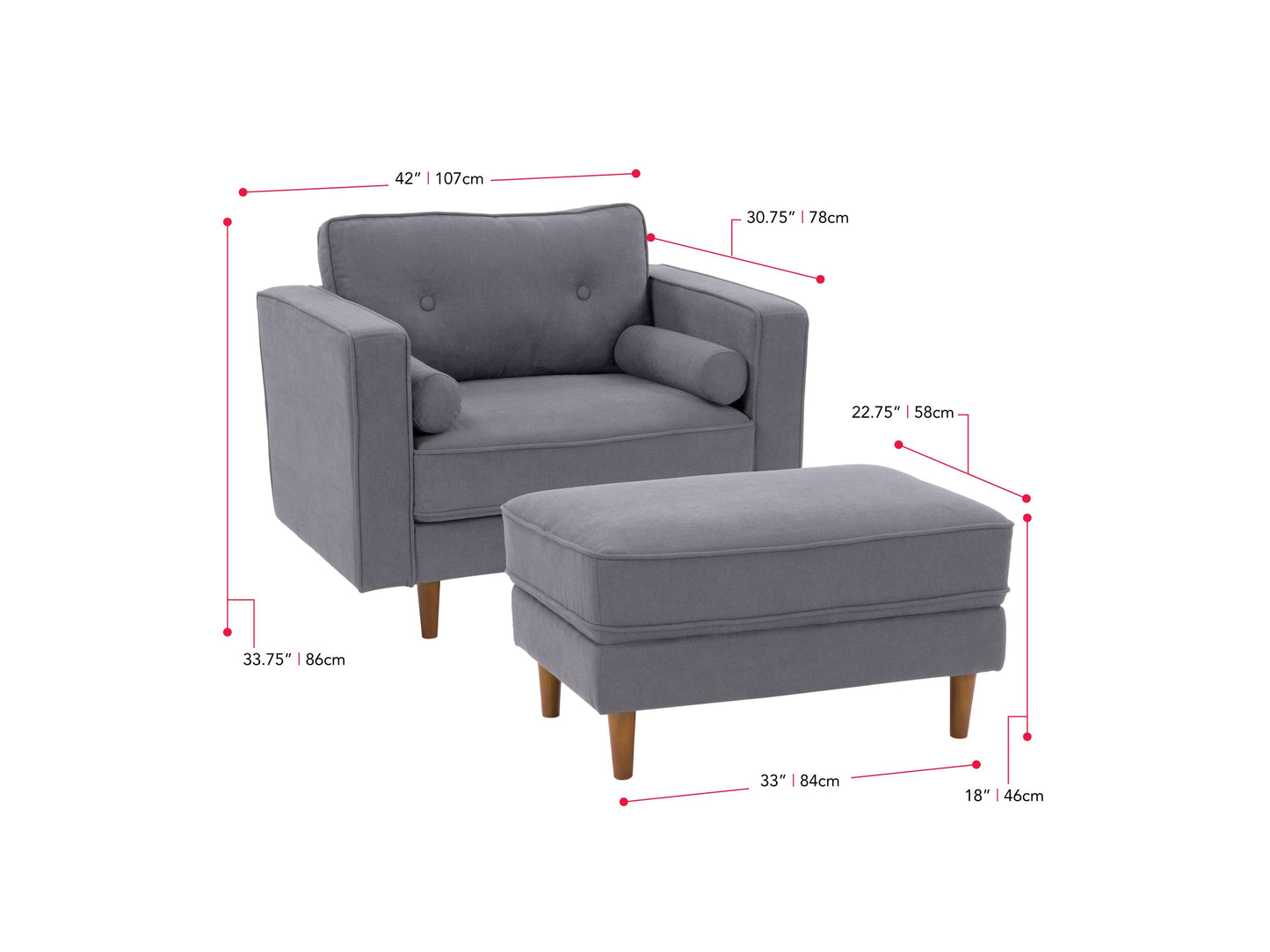 Grey accent chair with ottoman, tufted cushions, and wooden legs, perfect for modern living rooms.