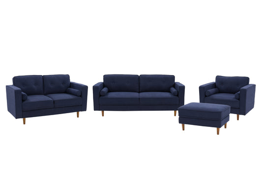 Navy blue 4-piece living room sofa set with plush cushions and sleek modern design.