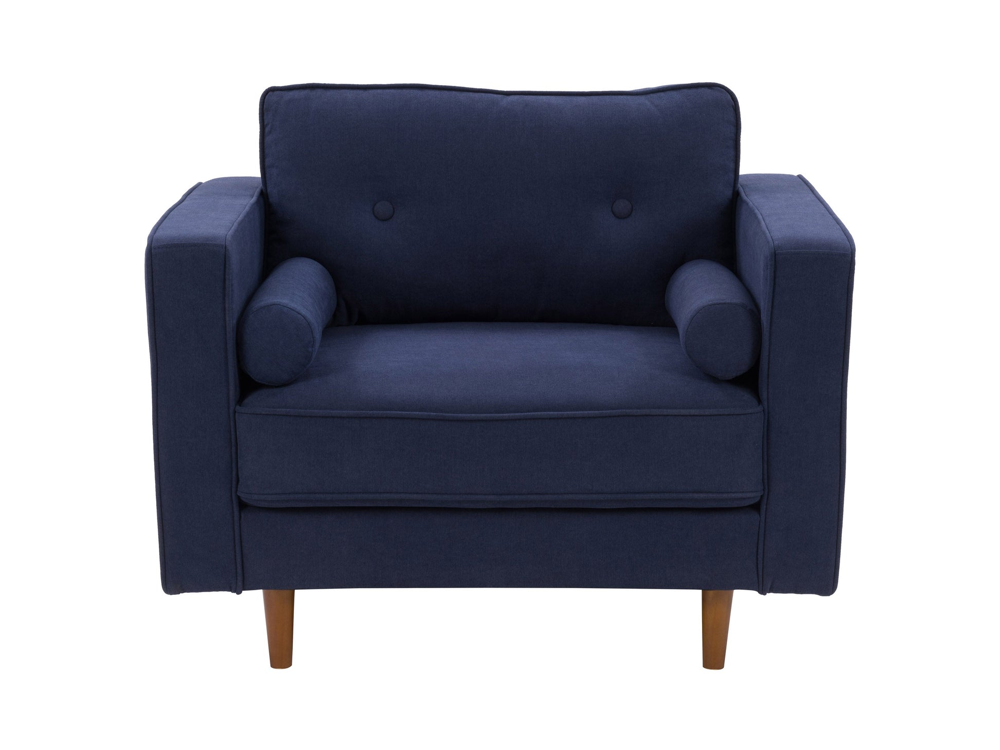 Navy blue sofa and chair set with plush cushions, wooden legs, and a contemporary design.