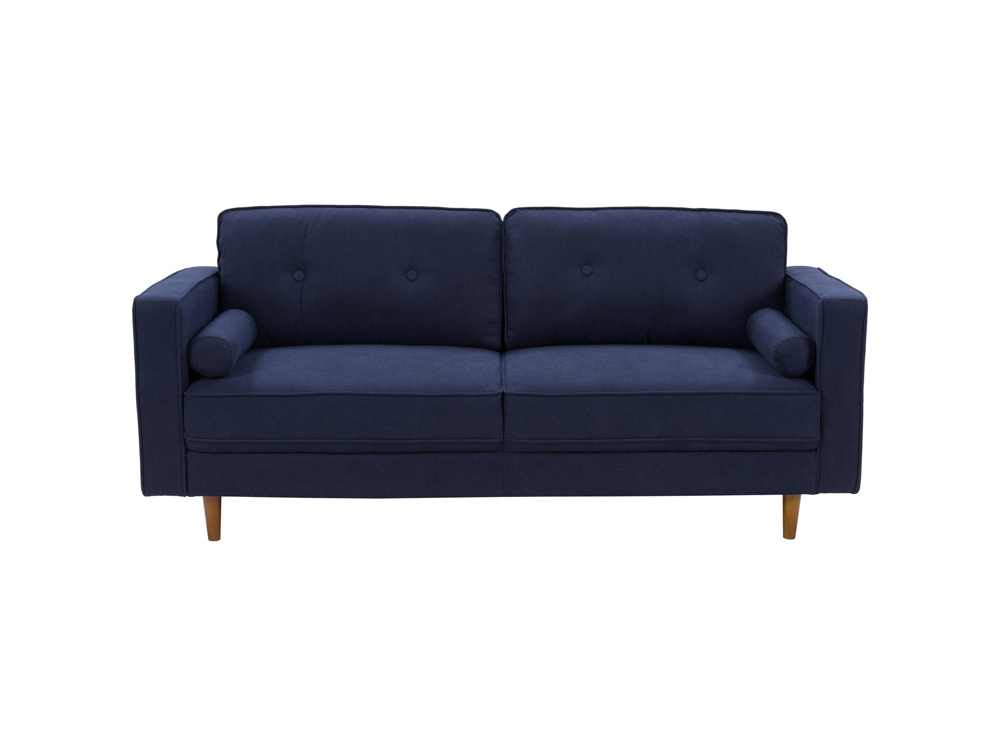 Navy blue sofa and chair set with tufted cushions, wooden legs, and modern design.